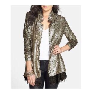 NWT Free People Gold Tarnished Sequin Stardust Jacket Blazer Black Lace Pockets